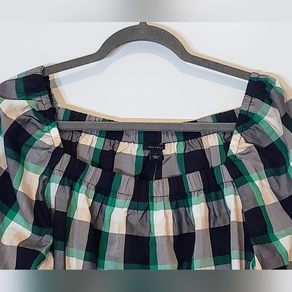 Ann Taylor Plaid Ruched Square Neck Top Size Large Black Green White Bra… - Picture 4 of 16